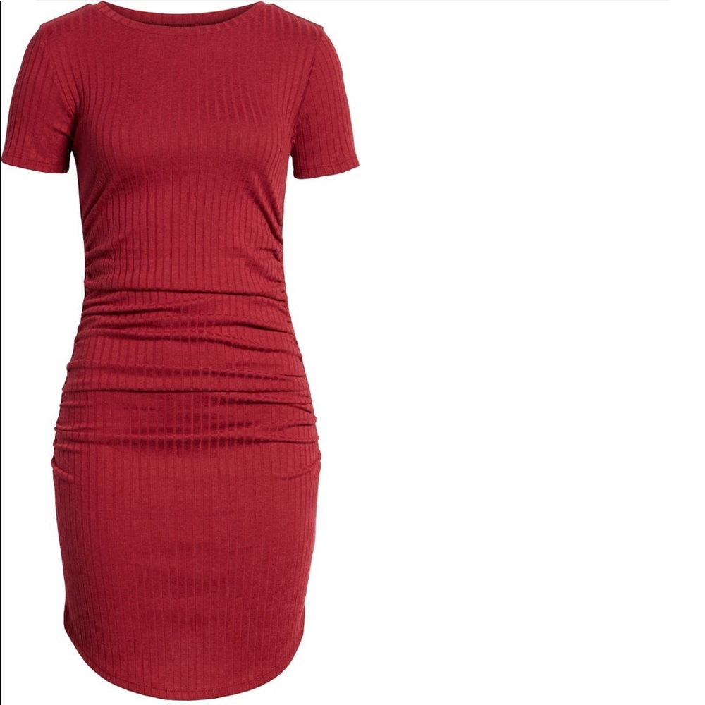 Bp red ruched body con dress xs